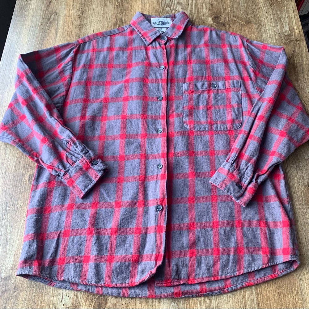 Vintage Bootlegger Flannel Button Down Grey Red Plaid Small Cotton